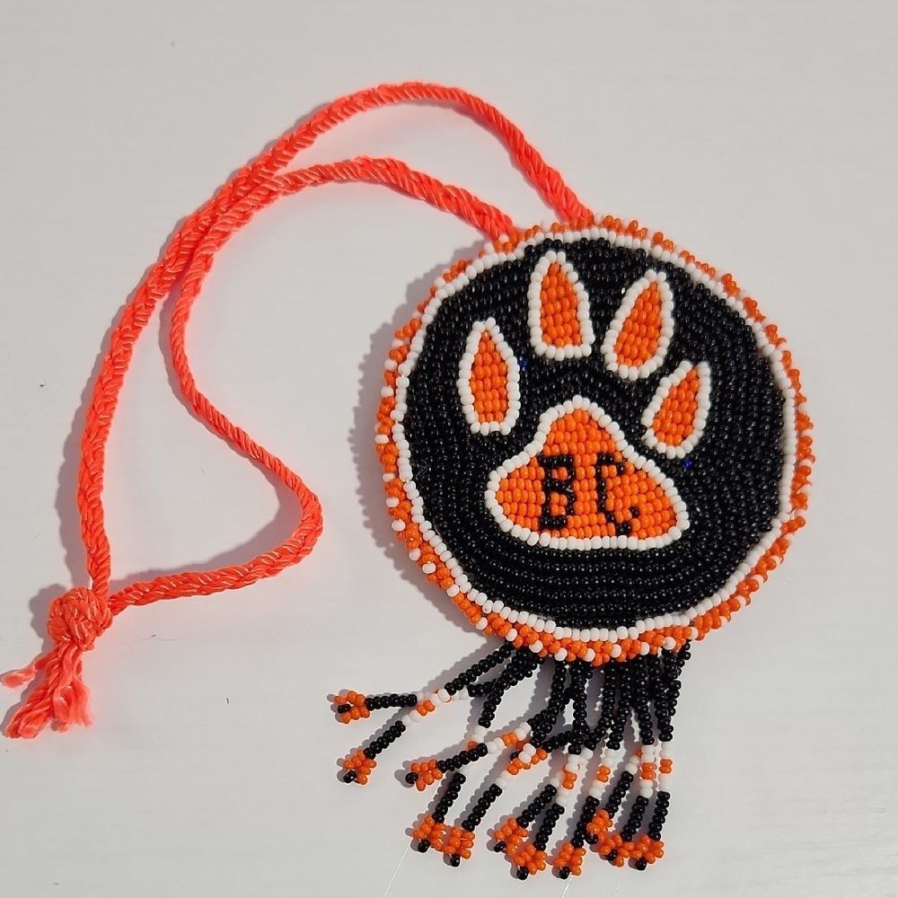Bearcat Native American Beaded Paw Print Pendant with Tassels
